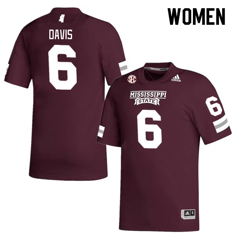Women #6 Jordan Davis Mississippi State Bulldogs College Football Jerseys Stitched Sale-Maroon